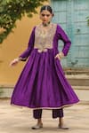 Buy_Label Niti Bothra_Purple Anarkali Pure Banarasi Spun Silk Embroidery Zari Dori Yoke With Palazzo _Online_at_Aza_Fashions