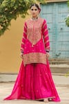 Label Niti Bothra_Pink Pure Banarasi Spun Silk Embroidery Zari Dori Flower Kurta Sharara Set _Online_at_Aza_Fashions