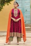 Buy_Label Niti Bothra_Wine Anarkali Pure Banarasi Spun Silk Embroidery Zari Dori Round Salwar Set _at_Aza_Fashions