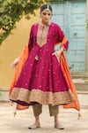 Shop_Label Niti Bothra_Wine Anarkali Pure Banarasi Spun Silk Embroidery Zari Dori Round Salwar Set _Online_at_Aza_Fashions