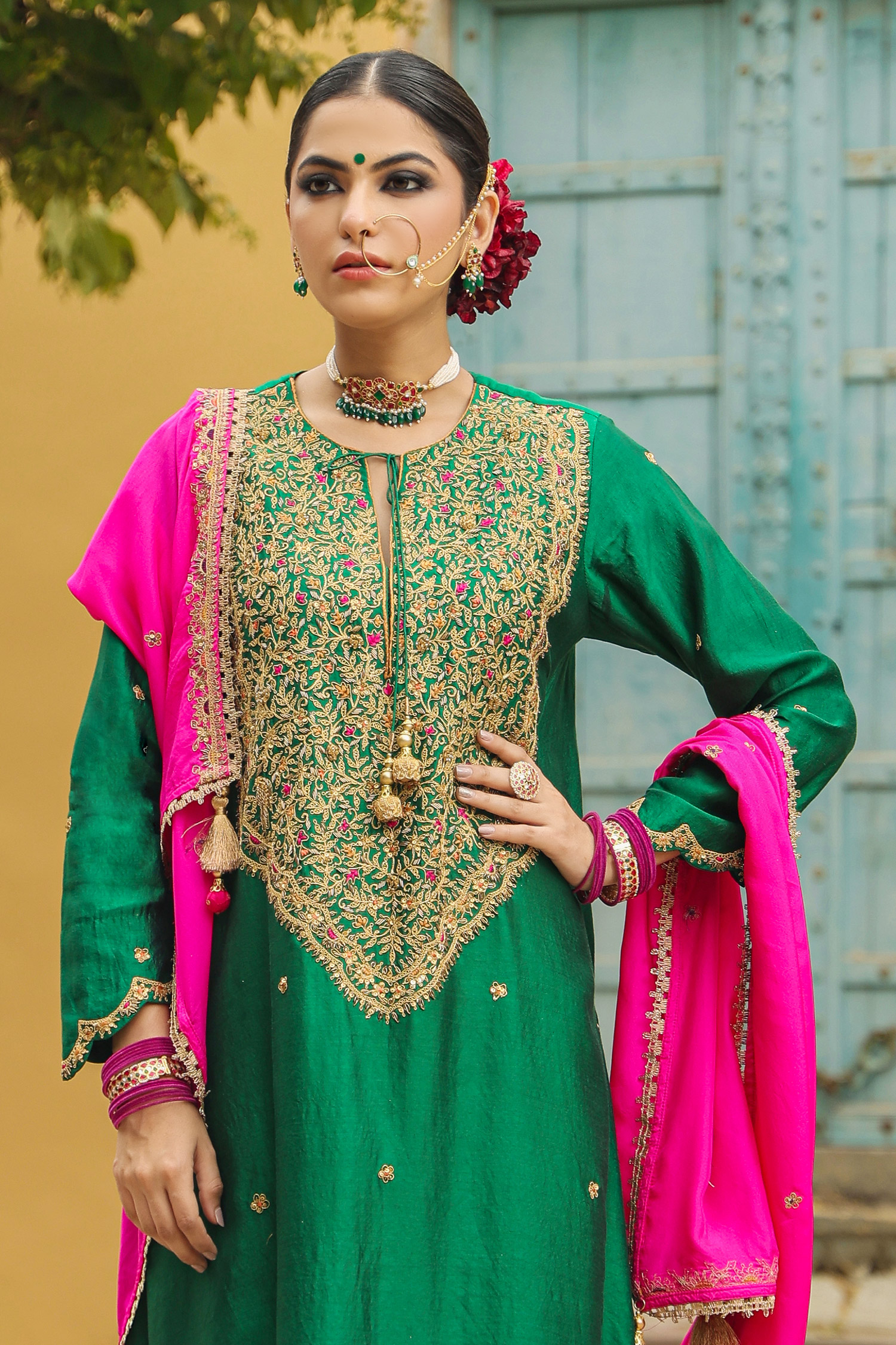 Shop_Label Niti Bothra_Green Kurta Pure Banarasi Spun Silk Embroidery Zari Dori Resham With Salwar _Online_at_Aza_Fashions