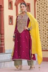 Label Niti Bothra_Wine Kurta Pure Banarasi Spun Silk Embroidery Zari Dori Floral With Salwar _Online_at_Aza_Fashions