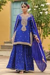 Buy_Label Niti Bothra_Blue Pure Banarasi Spun Silk Embroidery Zari Flower Straight Kurta Sharara Set _at_Aza_Fashions