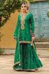 Buy_Label Niti Bothra_Green Pure Banarasi Spun Silk Embroidery Zari Flower Placket Kurta Sharara Set _Online_at_Aza_Fashions