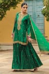 Label Niti Bothra_Green Pure Banarasi Spun Silk Embroidery Zari Flower Placket Kurta Sharara Set _at_Aza_Fashions