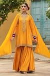 Label Niti Bothra_Yellow Pure Banarasi Spun Silk Embroidery Zari Floral Placket Kurta Sharara Set _Online_at_Aza_Fashions