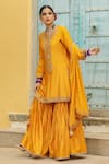 Buy_Label Niti Bothra_Yellow Pure Banarasi Spun Silk Embroidery Zari Floral Placket Kurta Sharara Set 