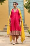 Shop_Label Niti Bothra_Pink Kurta Pure Banarasi Spun Silk Embroidered Zari V Neck Bird Anarkali Set _Online_at_Aza_Fashions