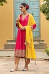 Label Niti Bothra_Pink Kurta Pure Banarasi Spun Silk Embroidered Zari V Neck Bird Anarkali Set _at_Aza_Fashions