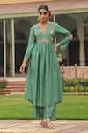 Buy_Label Niti Bothra_Green Silk Printed And Embroidered Geometric Gathered Kurta & Palazzo Set _at_Aza_Fashions