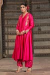 Label Niti Bothra_Pink Pure Banarasi Spun Silk Woven And Embroidered Stripe Applique Anarkali Set _at_Aza_Fashions