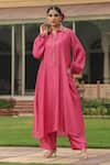 Buy_Label Niti Bothra_Pink Silk Printed And Embroidered Cheent Asymmetric Kurta & Palazzo Set _at_Aza_Fashions