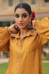 Label Niti Bothra_Yellow Silk Printed And Embroidered Cheent Asymmetric Kurta & Palazzo Set _Online_at_Aza_Fashions