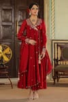 Buy_Label Niti Bothra_Maroon Anarkali And Dupatta Chanderi Silk Floral Angarakha Palazzo Set _at_Aza_Fashions