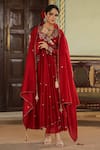 Label Niti Bothra_Maroon Anarkali And Dupatta Chanderi Silk Floral Angarakha Palazzo Set _Online_at_Aza_Fashions