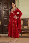 Shop_Label Niti Bothra_Maroon Anarkali And Dupatta Chanderi Silk Floral Angarakha Palazzo Set _Online_at_Aza_Fashions