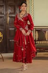 Label Niti Bothra_Maroon Anarkali And Dupatta Chanderi Silk Floral Angarakha Palazzo Set _at_Aza_Fashions