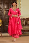 Buy_Label Niti Bothra_Pink Anarkali And Dupatta Chanderi Silk Embroidered Paisley Angarakha Set _at_Aza_Fashions