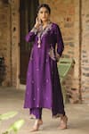 Shop_Label Niti Bothra_Purple Silk Base Embroidered Sequin V-neck Paisley Zardozi Kurta With Palazzo _at_Aza_Fashions