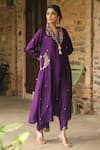 Label Niti Bothra_Purple Silk Base Embroidered Sequin V-neck Paisley Zardozi Kurta With Palazzo _at_Aza_Fashions