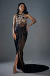 Buy_Masumi Mewawalla_Black Mashroo Silk Hand Embroidered Floral High Draped Corset Gown  _at_Aza_Fashions