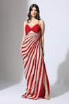 Buy_Masumi Mewawalla_Red Natural Crepe Striped Plunged Color Block Draped Dress _at_Aza_Fashions