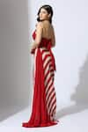 Shop_Masumi Mewawalla_Red Natural Crepe Striped Plunged Color Block Draped Dress _at_Aza_Fashions