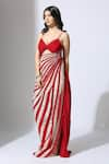 Masumi Mewawalla_Red Natural Crepe Striped Plunged Color Block Draped Dress _Online_at_Aza_Fashions