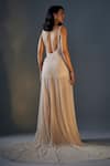 Shop_Masumi Mewawalla_Beige Net Embroidery Scoop Neck Linear Hand Trail Gown _at_Aza_Fashions