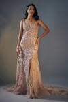 Buy_Masumi Mewawalla_Pink Net, Linen Embroidery Plunge Neck 3d Vine Trail Gown _at_Aza_Fashions
