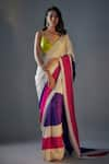 Buy_Masumi Mewawalla_Multi Color Tissue Plunged V Neck Block Pre-draped Saree With Lime Blouse _at_Aza_Fashions