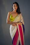 Masumi Mewawalla_Multi Color Tissue Plunged V Neck Block Pre-draped Saree With Lime Blouse _Online_at_Aza_Fashions