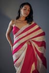 Buy_Masumi Mewawalla_Pink Tissue Plunged V Neck Striped Color Block Pre-draped Saree With Blouse _Online_at_Aza_Fashions