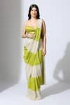 Buy_Masumi Mewawalla_Green Tissue Sweetheart Color Block Striped Pattern Pre-draped Saree With Blouse _at_Aza_Fashions