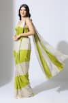 Masumi Mewawalla_Green Tissue Sweetheart Color Block Striped Pattern Pre-draped Saree With Blouse _Online_at_Aza_Fashions