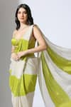 Buy_Masumi Mewawalla_Green Tissue Sweetheart Color Block Striped Pattern Pre-draped Saree With Blouse _Online_at_Aza_Fashions