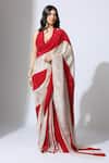 Buy_Masumi Mewawalla_Red Tissue Halter Color Block Pre-draped Saree With Neck Blouse_at_Aza_Fashions