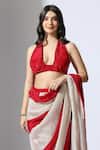 Shop_Masumi Mewawalla_Red Tissue Halter Color Block Pre-draped Saree With Neck Blouse_Online_at_Aza_Fashions
