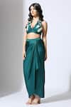 Masumi Mewawalla_Green Natural Crepe Plain Plunged V Draped Skirt And Braided Blouse Set _Online_at_Aza_Fashions