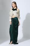 Masumi Mewawalla_Green Natural Crepe Plain Round Color Block Draped Blouse Skirt Set _Online_at_Aza_Fashions