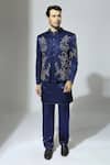 Buy_Masumi Mewawalla_Blue Mashroo Embroidered Floral Bandhgala Jacket Set  _at_Aza_Fashions