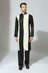 Buy_Masumi Mewawalla_Black Tissue Plain Color Block Striped Kurta Set _at_Aza_Fashions