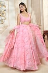 Ariyana By Aza_Pink Modal, Satin, Chiffon Embroidery V-neck Rose Petal Floral Print Lehenga Set _at_Aza_Fashions