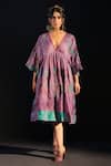Shop_Capisvirleo_Purple Habutai Silk Embroidered Resham V Neck Mehrooz Gathered Dress  _at_Aza_Fashions
