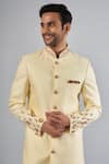 Buy_Spring Break_Cream Cotton, Silk Embroidery Linen Sherwani Set _Online_at_Aza_Fashions