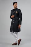 Buy_Spring Break_Blue Dupion Silk Embroidered Solid Button Down Sherwani Set_at_Aza_Fashions