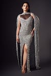 Buy_Chisel by Meghna Ramrakhiya_Silver Stretchable Net Hand Embellished Sequin Cape Bodycon Gown With _at_Aza_Fashions