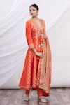 Gopi Vaid_Orange Anarkali Silk Brocade Embroidery V Neck Kurta Set _Online_at_Aza_Fashions