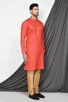 Shop_Aryavir Malhotra_Red Cotton Plain Mandarin Collar Straight Kurta _Online_at_Aza_Fashions