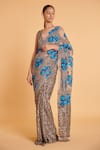 Buy_Siddartha Tytler_Grey Saree Net Hand Embroidered Thread V Neck With Blouse  _at_Aza_Fashions